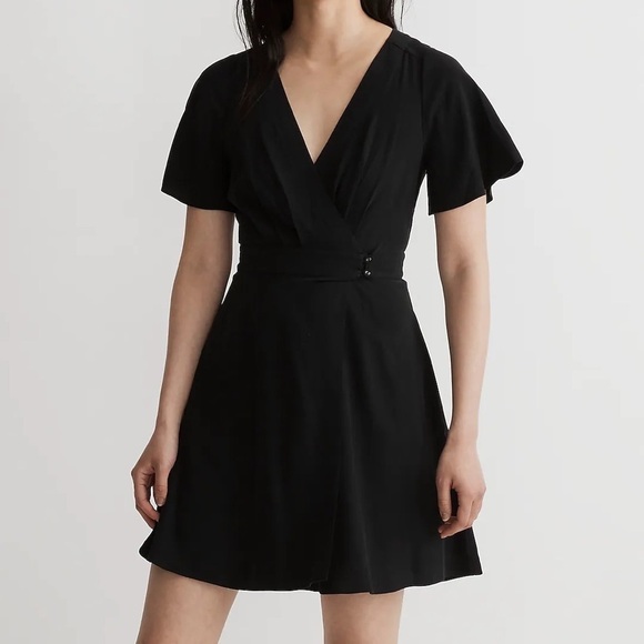 NWT Madewell Black Pleated-Waist True-Wrap Mini Dress - Picture 1 of 10